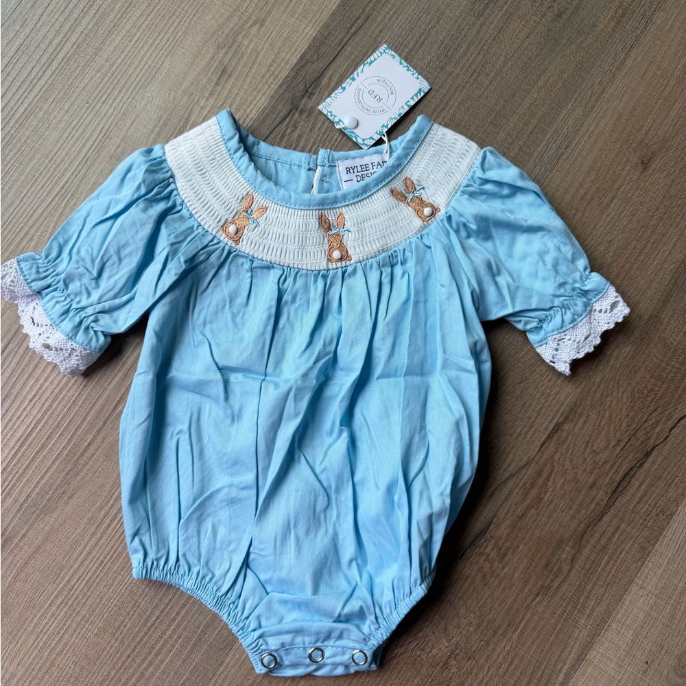 Rylee Faith Light Blue Smocked Bunny Romper